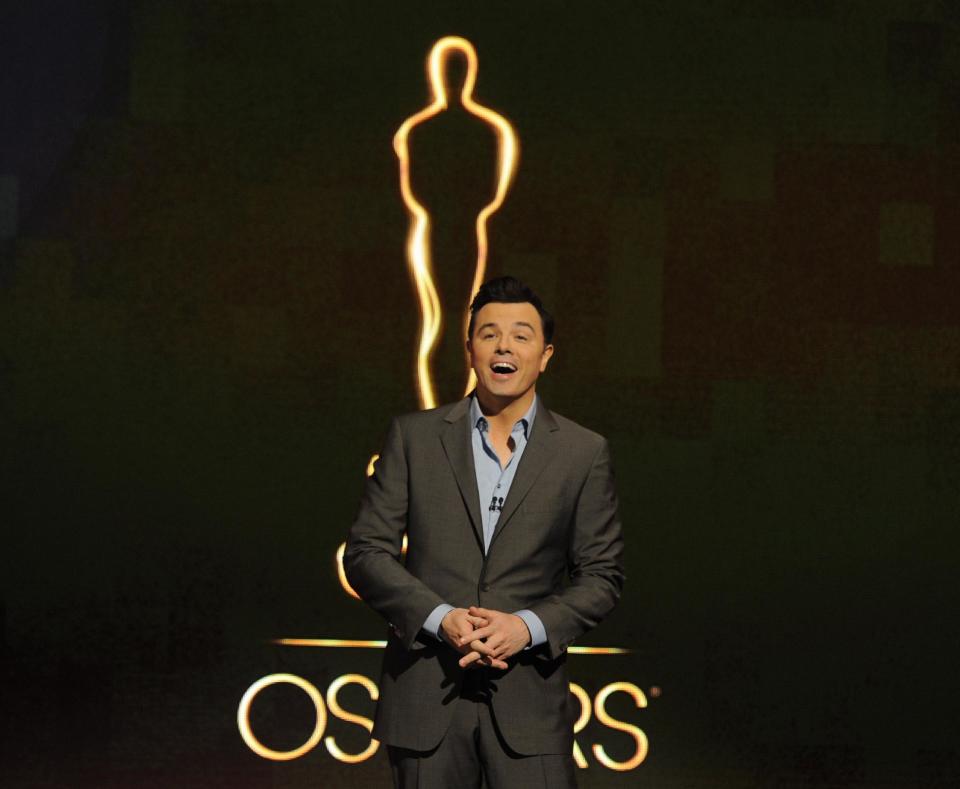 FILE - In this Jan. 13, 2013 file photo, 2013 Oscar host Seth MacFarlane presents the Academy nominations for the 85th Academy Awards in Beverly Hills, Calif. MacFarlane may bring a cheekiness to Sunday's show that prods younger viewers to check out the Oscars just to see what he might pull. The 85th Academy Awards will be held in Los Angeles on Feb. 24, 2013. (Photo by Chris Pizzello/Invision/AP Photo, File)