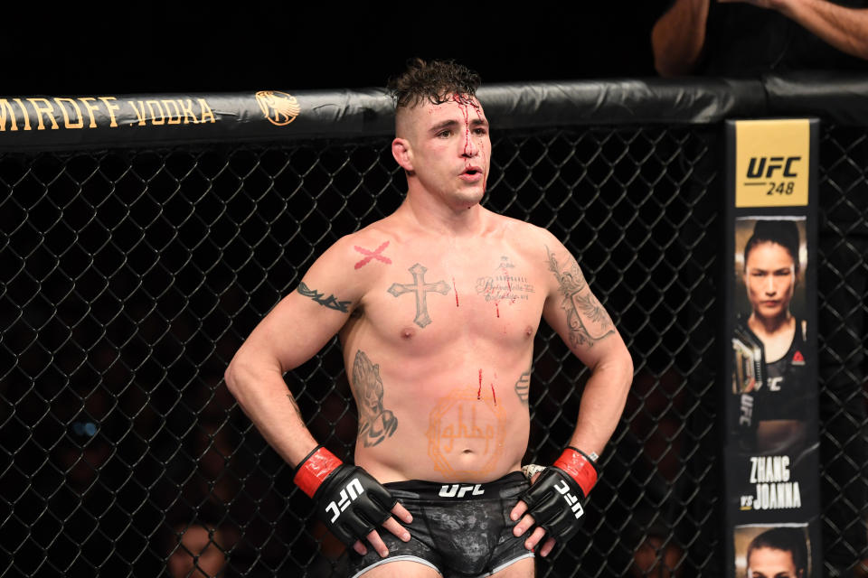 RIO RANCHO, NEW MEXICO - FEBRUARY 15:  Diego Sanchez reacts after an illegal knee from Michel Pereira in their welterweight bout during the UFC Fight Night event at Santa Ana Star Center on February 15, 2020 in Rio Rancho, New Mexico. (Photo by Josh Hedges/Zuffa LLC via Getty Images)