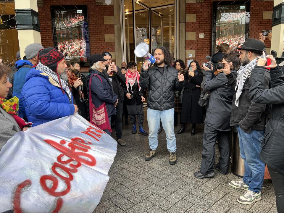 Palestinian filmmaker Mohamed Jabaly speaks at a "Stand Up for Palestine" rally at IDFA on Monday, Nov. 13, 2023.