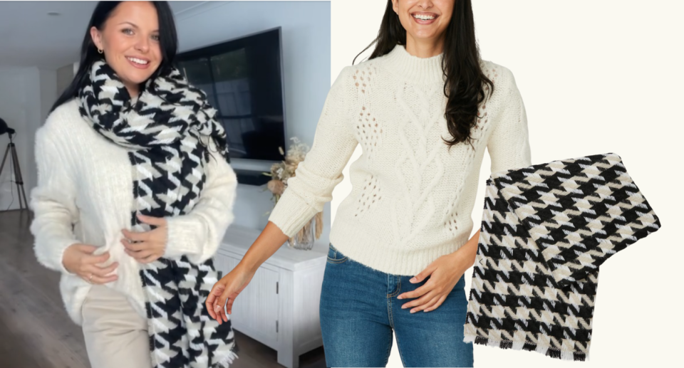 Left: Tik Tok's Olivia Burrows stands smiling wrapped in a black, beige and white tartan scarf over off white knit and beige pants. Right: A women with brown hair models the same off white knit over classic blue denim on a beige background with the scarf overlayed