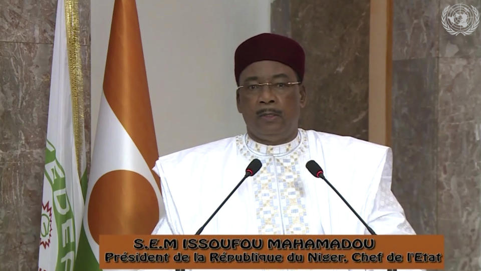 In this image made from UNTV video, Mahamadou Issoufou, President of the Niger, speaks in a pre-recorded message which was played during the 75th session of the United Nations General Assembly, Thursday Sept. 24, 2020, at UN headquarters. (UNTV via AP)