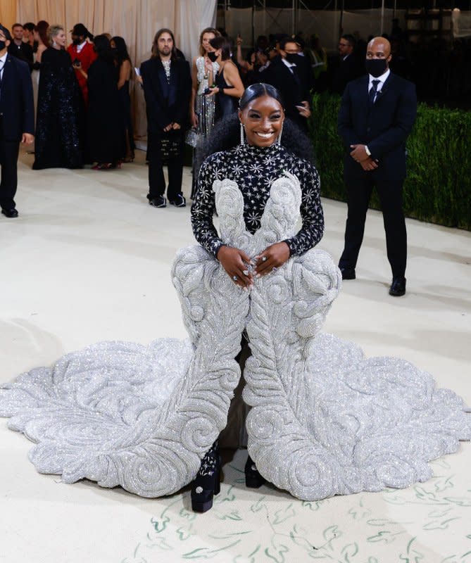 Simone Biles arrives for The Met Gala at The Metropolitan Museum of Art celebrating the opening of "In America: A Lexicon of Fashion" in New York City on September 13, 2021. The gymnast turns 27 on March 14. File Photo by John Angelillo/UPI