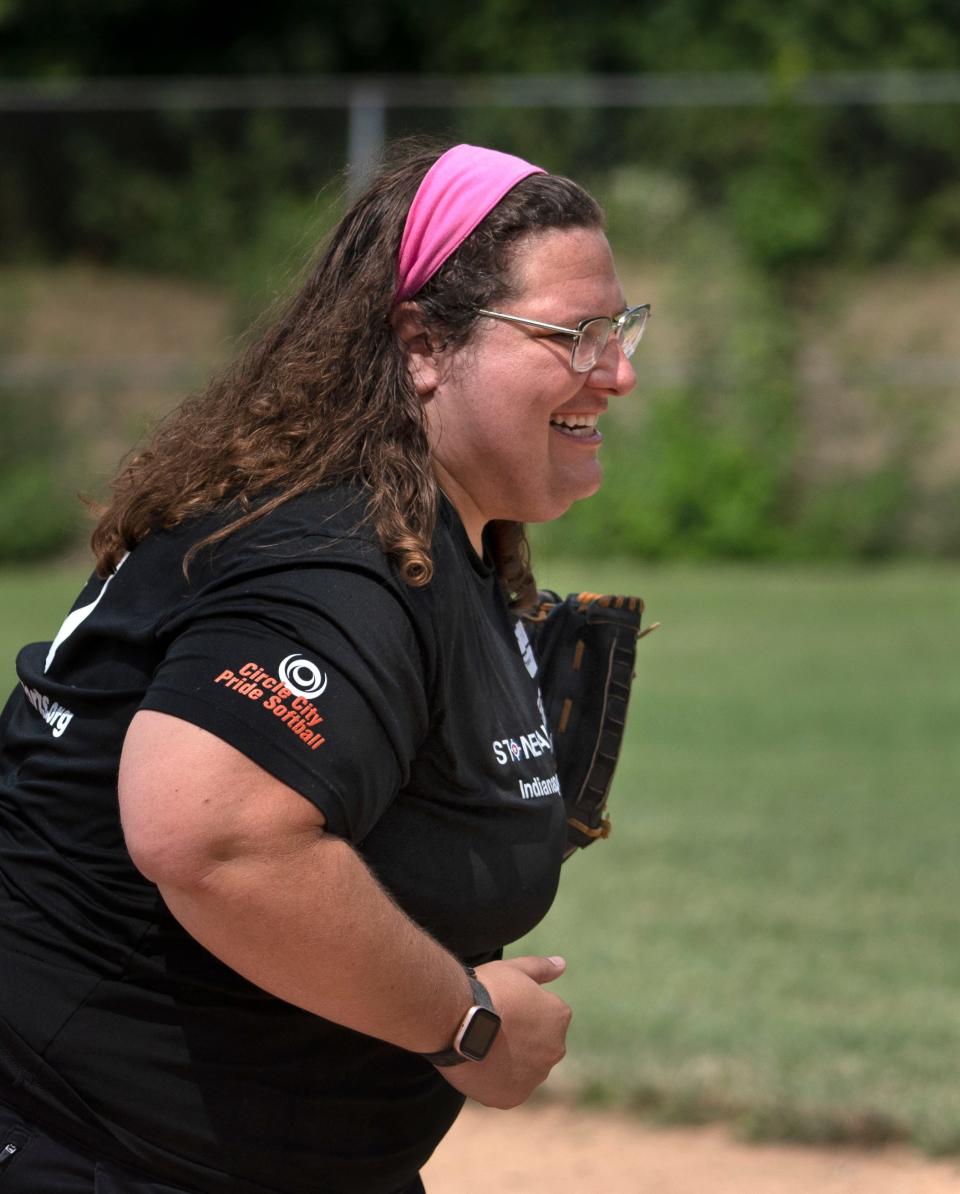 Annie Nelson works the first base for the Bunts & Grunts softball team in the Stonewall Sports league, Sunday, July 31, 2022 at Chuck Klein Sports Complex. The inclusive organization, with a variety of sports, is for LGBTQ+ individuals and allies.