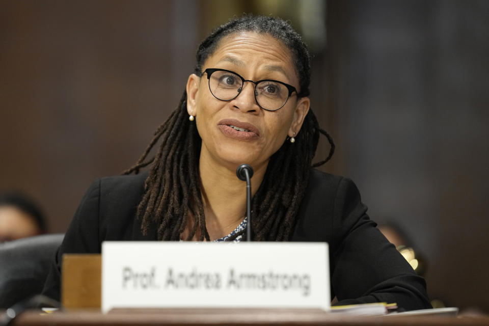 Andrea Armstrong, an incarceration law scholar from the Loyola University New Orleans law school testifies during a Senate Judiciary Subcommittee on Criminal Justice and Counterterrorism hearing on Capitol Hill in Washington, Tuesday, May 21, 2024, to examine forced labor in prisons. (AP Photo/Susan Walsh)