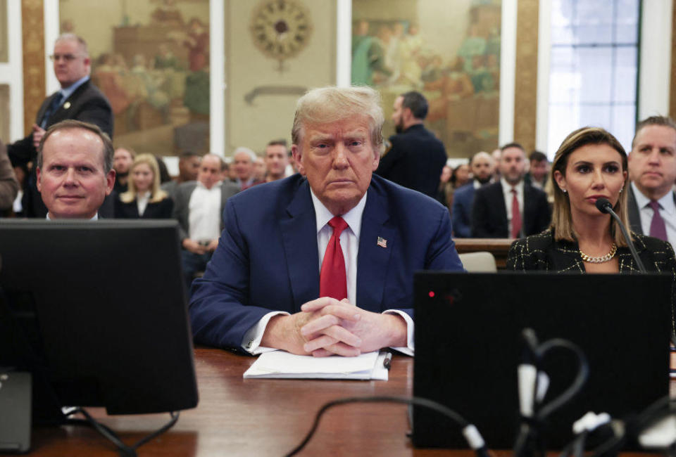 Former President Donald Trump sits in a New York courtroom before closing arguments in his civil fraud trial on Jan. 11, 2024. / Credit: SHANNON STAPLETON/POOL/AFP via Getty Images