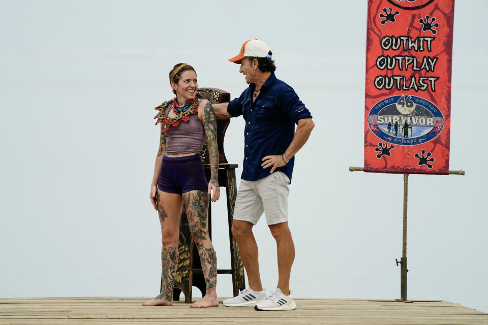(L-R): Kenzie Veurink and Jeff Probst on Survivor 46 (Photo by Robert Voets/CBS via Getty Images)