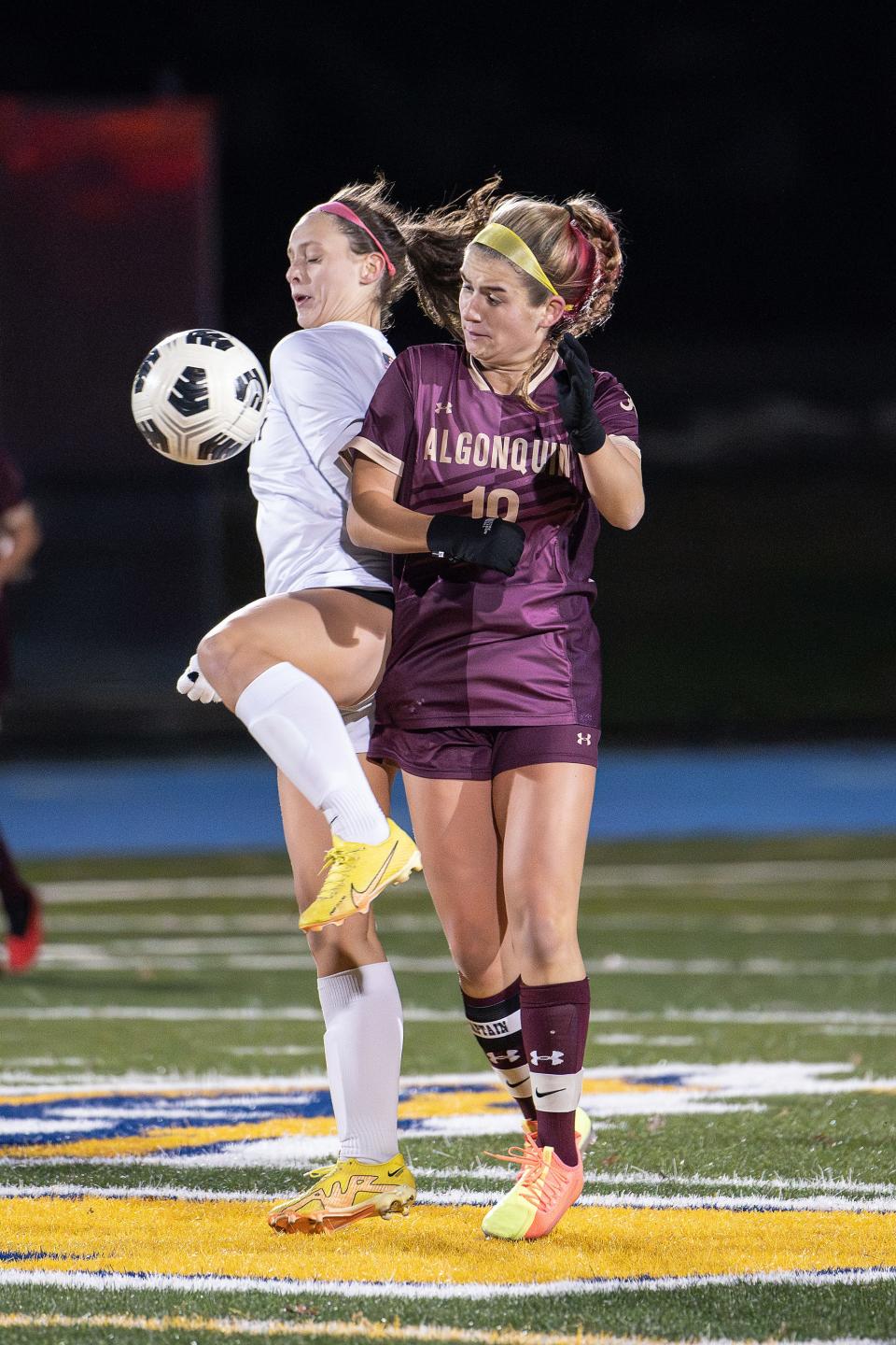 Shrewsbury's Abby Pacy and Algonquin's Kylie Tomasetti collide going for the ball during the CMADA Class A Final on Wednesday November 1, 2023 in Marlborough.