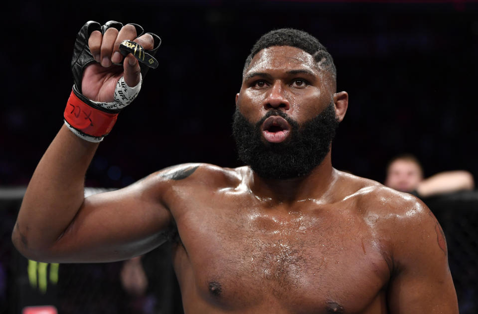 RALEIGH, NORTH CAROLINA - JANUARY 25: Curtis Blaydes reacts after his knockout victory over Junior Dos Santos in their heavyweight fight during the UFC Fight Night event at PNC Arena on January 25, 2020 in Raleigh, North Carolina. (Photo by Jeff Bottari/Zuffa LLC via Getty Images)