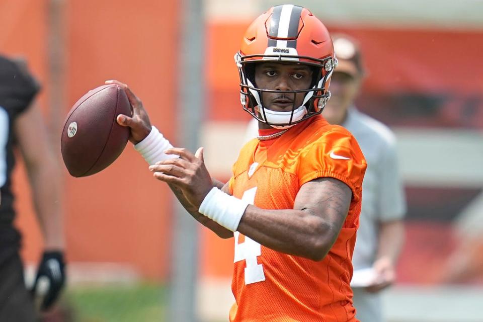 Cleveland Browns quarterback Deshaun Watson throws during an NFL football practice May 24 in Berea.