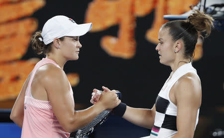 Tennis - Australian Open - Third Round - Melbourne Park, Melbourne, Australia, January 18, 2019. Australia's Ashleigh Barty shakes hands with Greece's Maria Sakkari after winning the match. REUTERS/Aly Song