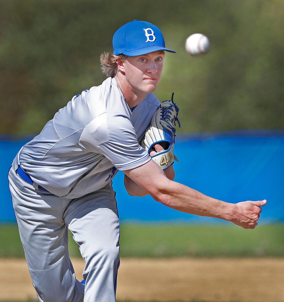 Braintree starting pitcher Tyler Curtis delivers to a Brockton batter on Friday, May 13, 2022.