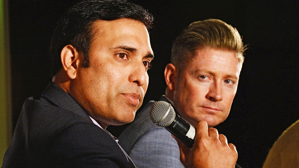 VVS Laxman and Michael Clarke, pictured here during a media conference in India.