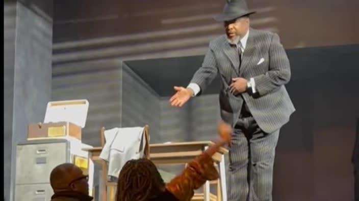 “Death of a Salesman” star Wendell Pierce engages with a disruptive audience member who heckled the stage during the Broadway performance Tuesday night. (Photo: Screenshot/YouTube.com/Storyful Viral)
