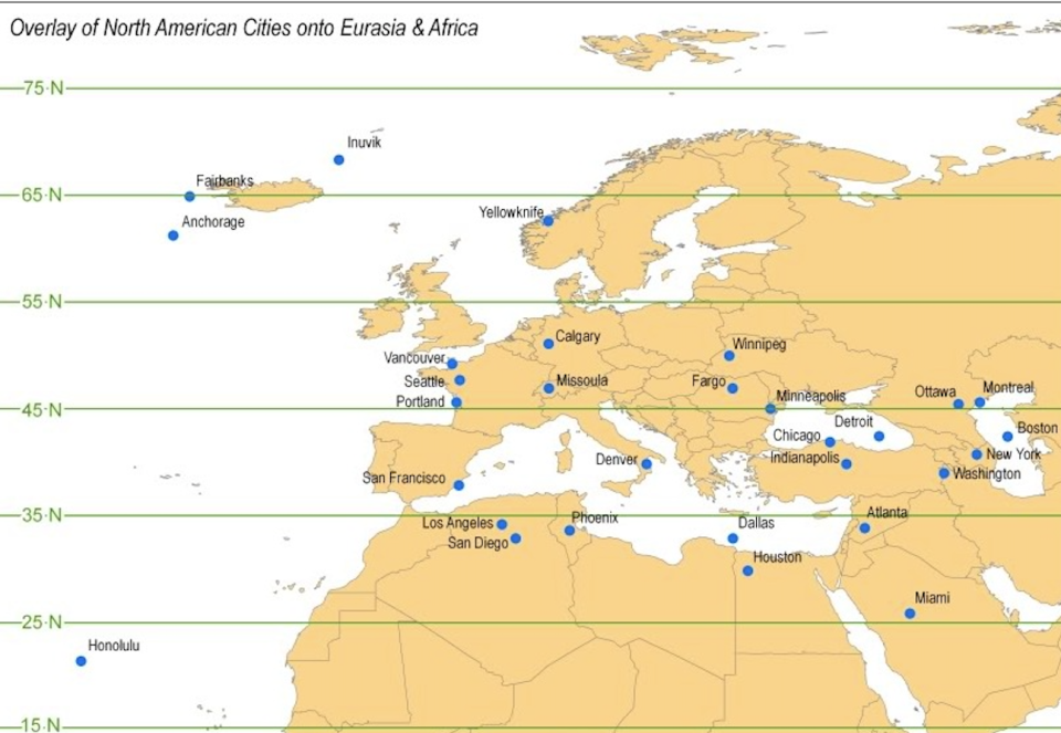 an overlay of US cities in Europe, with Denver landing in Italy, San Diego landing in Algeria, and San Francisco right next to Spain