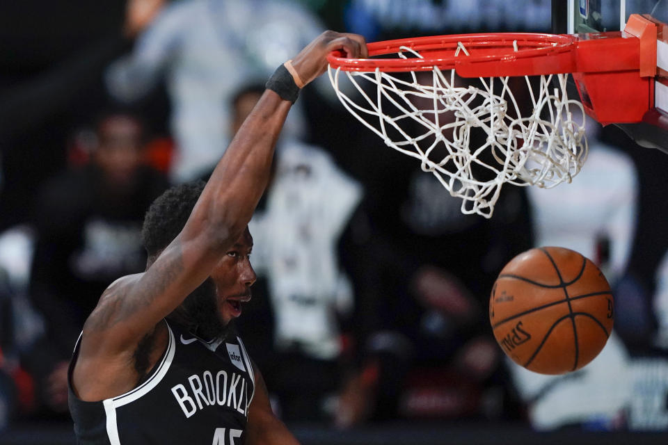 Brooklyn Nets' Donta Hall (45) dunks during a win over the Bucks. (AP Photo/Ashley Landis, Pool)