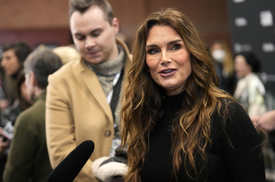 Brooke Shields, the subject of the documentary film "Pretty Baby: Brooke Shields," is interviewed at the premiere of the film at the 2023 Sundance Film Festival, Friday, Jan. 20, 2023, in Park City, Utah. (AP Photo/Chris Pizzello)