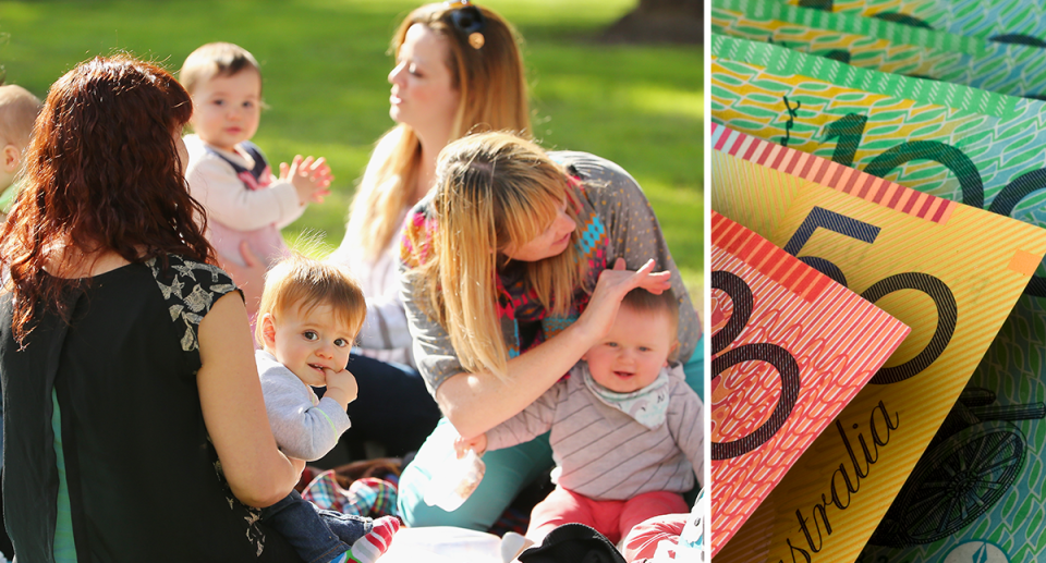 Budget 2023: A composite image of mothers with their children and Australian money.