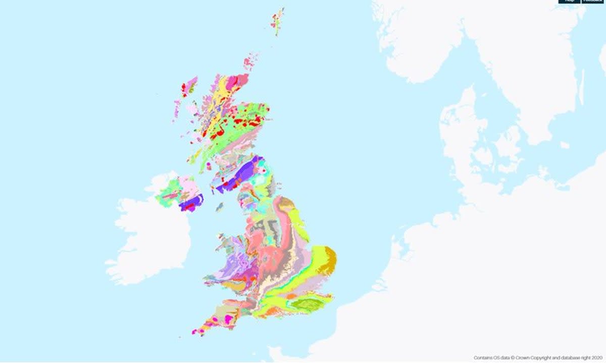 A map shows the different rock types that make up the UK, such as granite and limestone (BGS © UKRI)