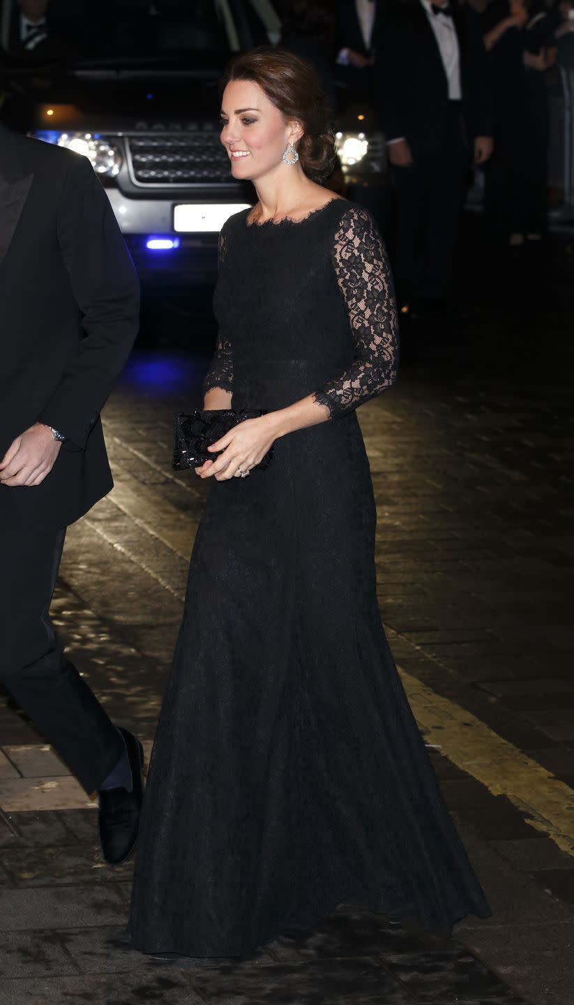 <p>Dresses with lace overlay and lace sleeves stand the test of time, as proven by this picture of Kate arriving at a Royal Variety performance in London in 2014.</p>