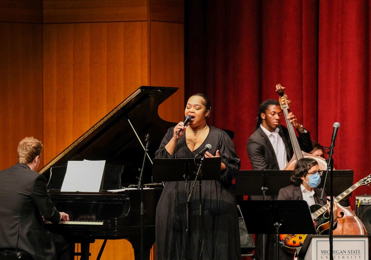Rockelle Whitaker performs "I wish I knew How it Would Feel to Be Free" at Michigan State's Fairchild Theatre Sunday, Jan. 15, 2023. She was accompanied by the MSU Jazz Orchestra ll to celebrate the birthday of Martin Luther King Jr.