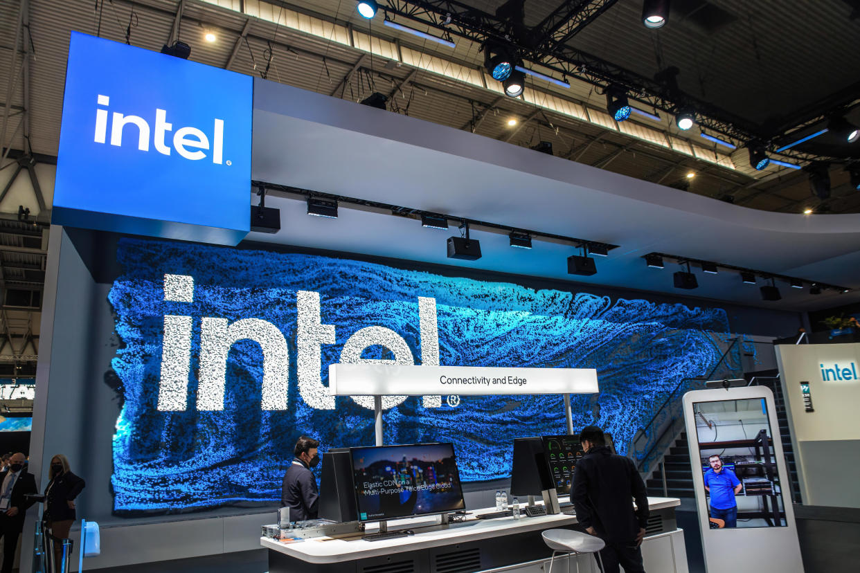 BARCELONA, SPAIN - 2022/02/28: An Intel booth seen during the first day of Mobile World Congress 2022 (MWC) at the Fira de Barcelona. (Photo by Thiago Prudencio/SOPA Images/LightRocket via Getty Images)