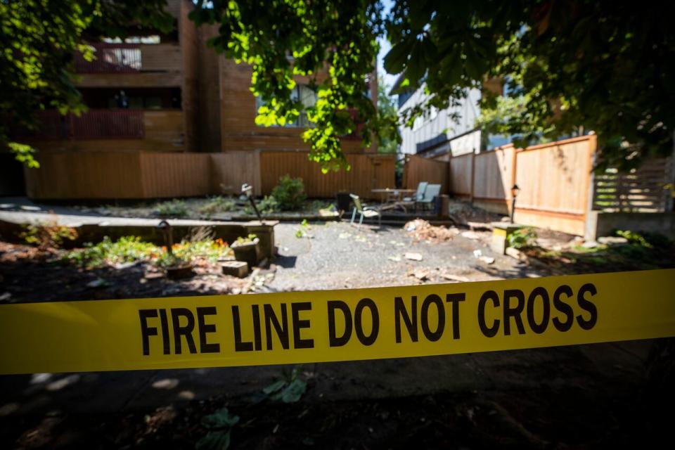 An apartment building at 414 East 10th Ave. after a fire in Vancouver, B.C., on Friday, July 28, 2023.