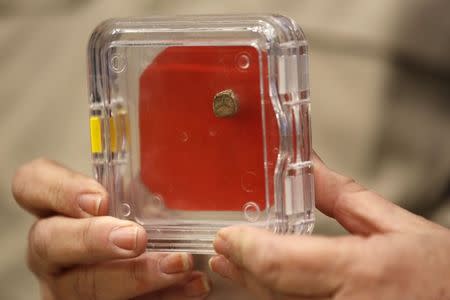 A clay imprint, known as a bulla, which was unearthed from excavations near Jerusalem's Old City, and later discovered to be from the seal of the biblical King Hezekiah, is displayed during a news conference at The Hebrew University in Jerusalem December 2, 2015. REUETRS/Amir Cohen