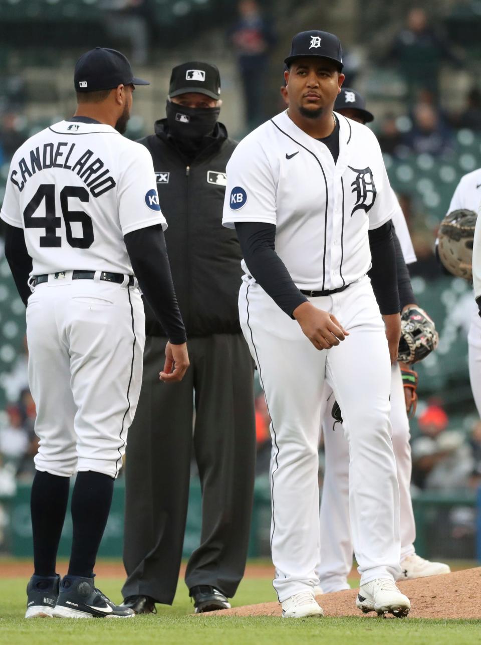 Tigers pitcher Rony Garcia leaves the game against the Yankees during the second inning on Tuesday, April 19, 2022, at Comerica Park.