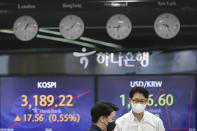 Currency traders talk near screens showing the Korea Composite Stock Price Index (KOSPI), left, and the foreign exchange rate between U.S. dollar and South Korean won at the foreign exchange dealing room of the KEB Hana Bank headquarters in Seoul, South Korea, Thursday, April 22, 2021. Asian shares were higher on Thursday after a broad advance on Wall Street led by technology companies and banks. (AP Photo/Lee Jin-man)