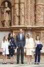 <p>Queen Sofia, King Felipe, Queen Letizia, Princess Leonor, and Princess Sofia stood outside the Cathedral of Palma de Mallorca after mass on Easter Sunday.</p>