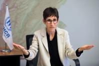 Mireille Girard, UNHCR representative in Lebanon gestures as she speaks during an interview with Reuters in Beirut