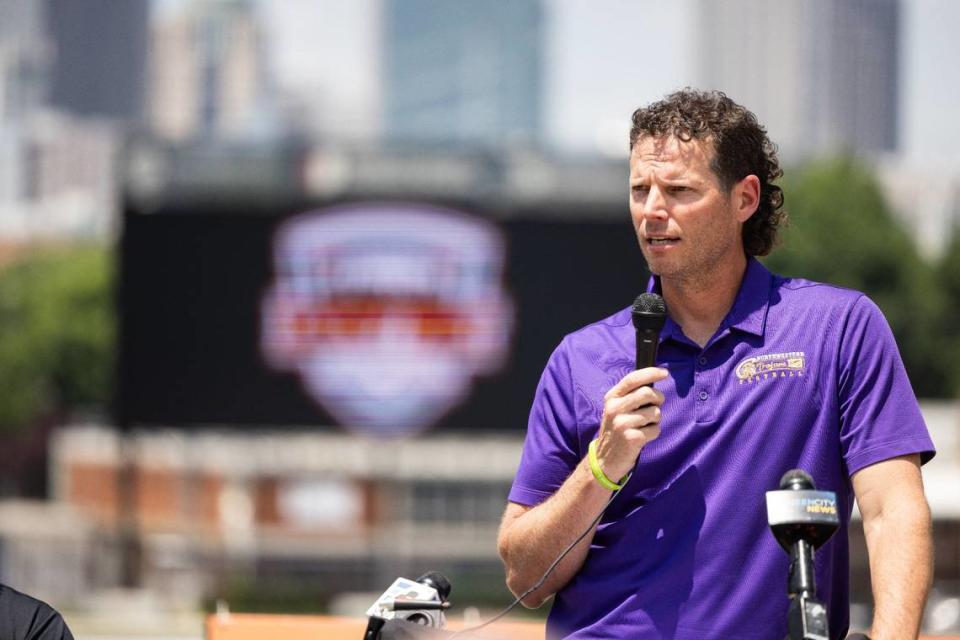 Northwestern’s coach Page Wofford speaks after his team was announced to play during the Charlotte Kickoff Classic at Memorial Stadium in Charlotte, N.C., on Tuesday, May 7, 2024.