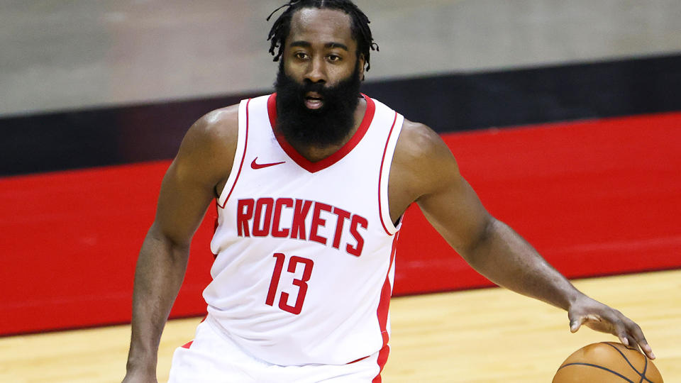 Houston Rockets star James Harden has been prohibited from playing by the NBA for violating coronavirus protocols, while their season-opener has been postponed after three Rockets players tested positive for the virus. (Photo by Carmen Mandato/Getty Images)