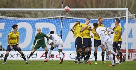 Football Soccer - Oxford United v Swansea City - FA Cup Third Round - Kassam Stadium - 10/1/16 Swansea's Matt Grimes takes a free kick Reuters / Dylan Martinez Livepic