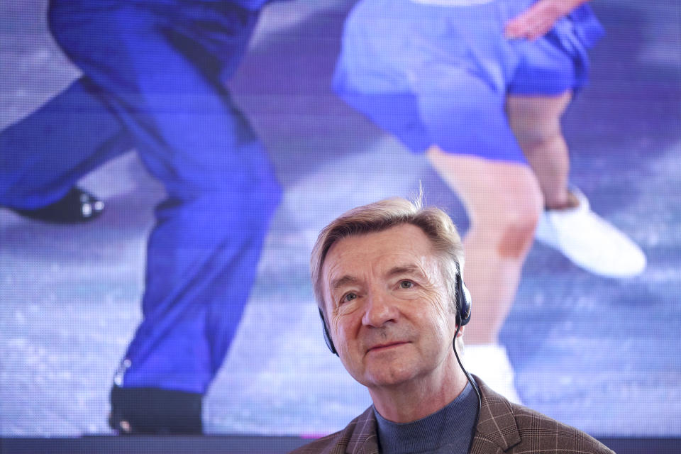 British ice dancer Christopher Dean listens to the participants of the press conference in Sarajevo, Bosnia, Wednesday, Feb. 14, 2024. British ice dancers Jayne Torvill and Christopher Dean arrived in Bosnian capital to join the celebrations of the anniversary of the Sarajevo Winter Olympics, where they performed 40 years ago the routine which gave them the first, and so far only, perfect score in Olympic skating history. (AP Photo/Armin Durgut)
