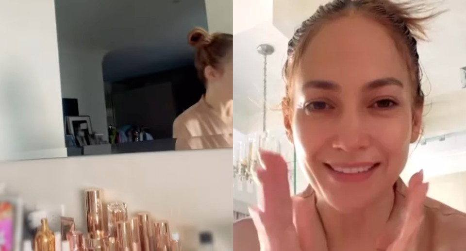 split screen of j.lo, jlo, jennifer lopez bathroom with jlo beauty products, jlo without makeup