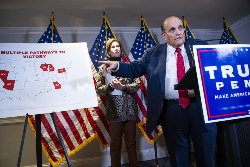 File: Rudolph Giuliani, attorney for President Donald Trump, conducts a news conference at the Republican National Committee on lawsuits regarding the outcome of the 2020 presidential election on Thursday, November 19, 2020. / Credit: Tom Williams/CQ-Roll Call, Inc via Getty Images