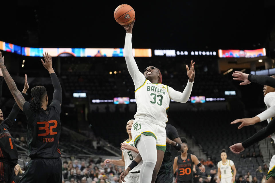 Baylor guard Aijha Blackwell (33) shoots against Miami during the second half of an NCAA college basketball game in San Antonio, Saturday, Dec. 16, 2023. (AP Photo/Eric Gay)