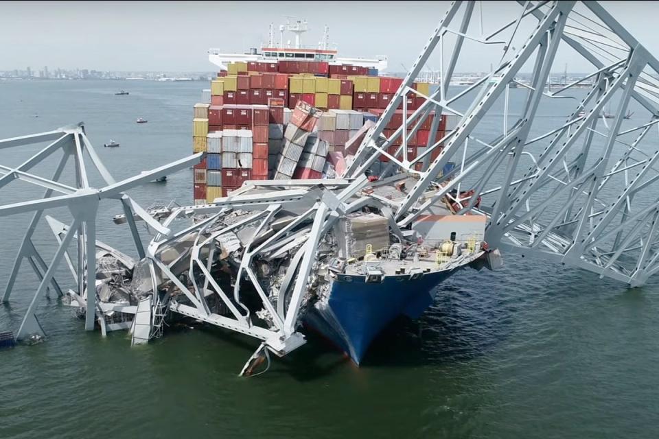 The cargo ship Dali crashed into the Francis Scott Key Bridge in Baltimore, Maryland in the early hours of 26 March, 2024 (AP)