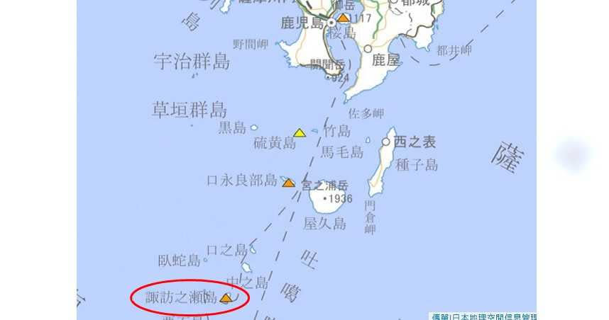 日鹿兒島縣諏訪之瀬島御岳火山於深夜噴發，火山警報升為3級。（圖／翻攝自日本氣象廳）