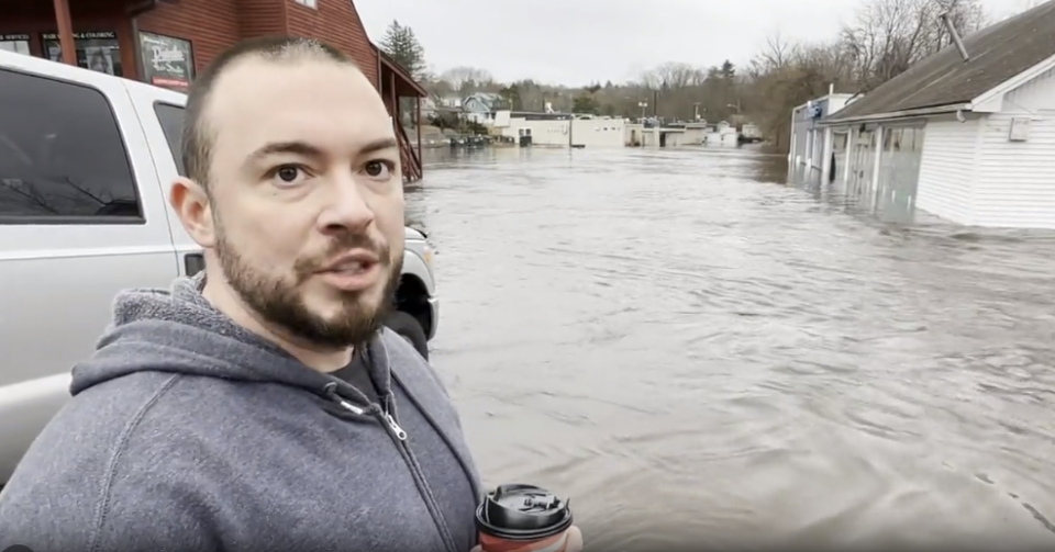 Keith Santor talks about being rescued from the flood waters after his business was flooded by the Yantic River