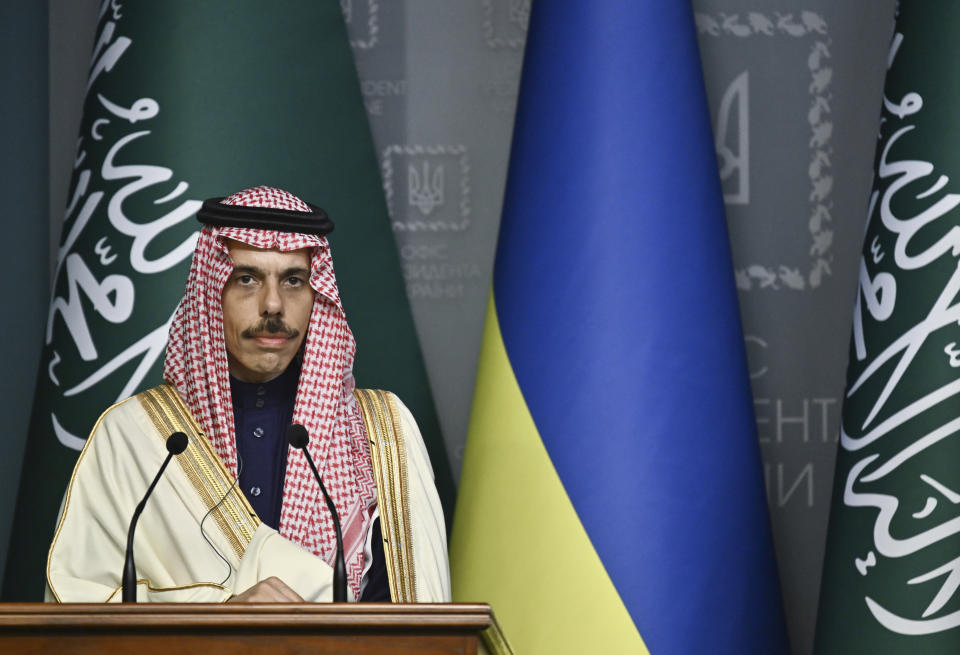 Saudi Arabia's Foreign Minister Prince Faisal Bin Farhan Al Saud attends a joint press conference in Kyiv, Ukraine, Sunday, Feb. 26, 2023. (Genya Savilov/Pool Photo via AP)