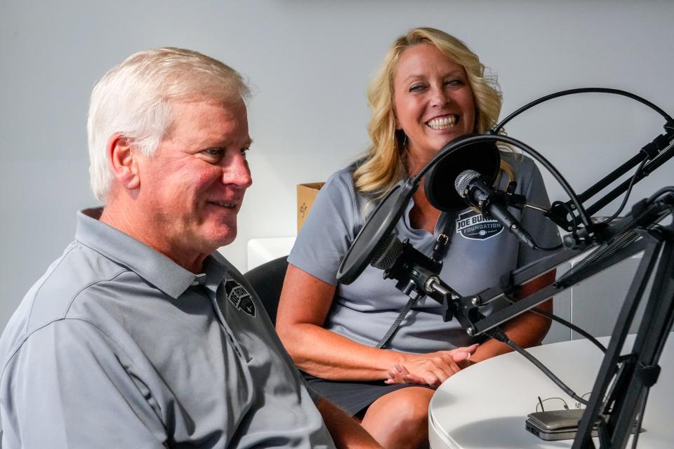 Jimmy Burrow, left, and Robin Burrow speak on the Joe Burrow Foundation’s “Dine for 9” initiative in The Cincinnati Enquirer podcast room on Tuesday, Sept. 5, 2023 in Downtown Cincinnati.