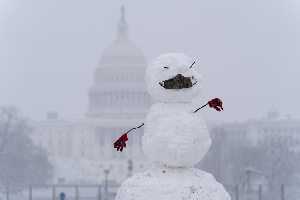 A snowman on the National Mall wears a face mask as snow falls in front of the U.S. Capitol, Sunday, Jan. 31, 2021, in Washington. (AP Photo/Alex Brandon)