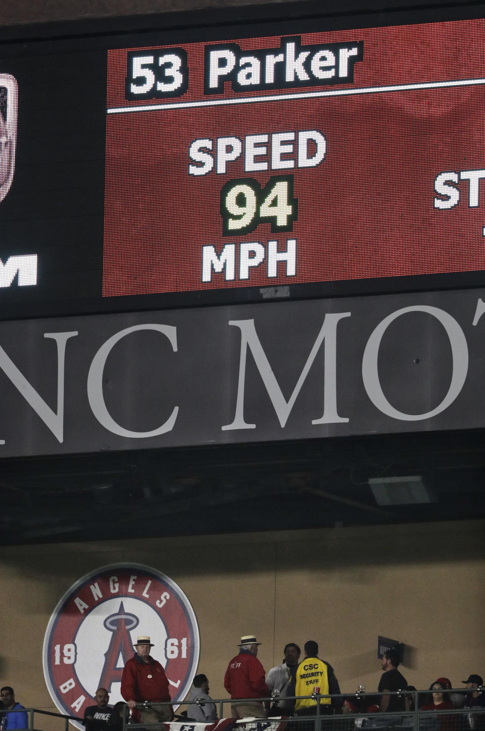 The scoreboard shows a pitch speed of 94 mph as Los Angeles Angels relief pitcher Blake Parker throws against the Seattle Mariners during the ninth inning of a baseball game Friday, April 7, 2017, in Anaheim, Calif. From watching broadcasts and scoreboards, fans are seeing velocities ramp up around the majors this year. Check the leaderboards at analytics website Fangraphs, and you’ll see that last April, pitchers averaged 92.2 mph on four-seam fastballs. Through Thursday’s games this season, they’re up to 93.1 mph, an unprecedented jump. Did some 300 pitchers all find ways to boost their speed in the offseason? Not quite. More likely, the perceived speed spike is coming from a change in how pitches are being recorded and reported.(AP Photo/Jae C. Hong)