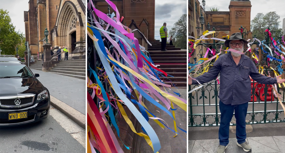 A photo of the front of St Mary's. Another photo of ribbons floating in the wind on the gates of St Mary’s. A third photo of survivor Trevor Coad standing at the front of St Mary's with ribbons behind him on the gate. 