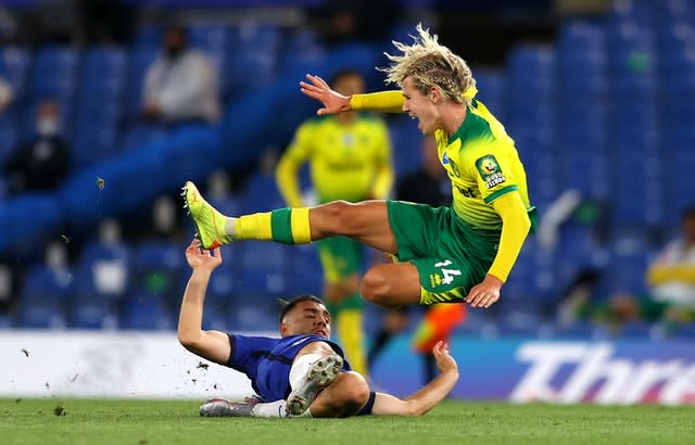 Todd Cantwell, right, in action against Chelsea last season