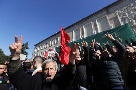 Supporters of the opposition party wave Albanian flags during an anti-government protest in front of the office of Albanian Prime Minister Edi Rama in Tirana, Albania, February 16, 2019. REUTERS/Florion Goga