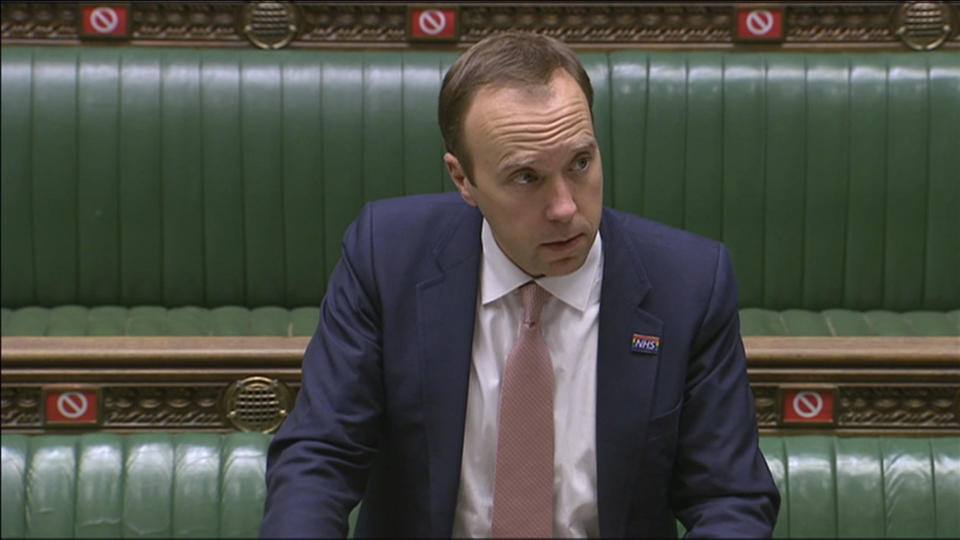 In this image from video, Britain's Health Secretary Matt Hancock delivers a statement on COVID-19 in the House Of Commons, London, Thursday Oct. 15, 2020. Britain’s health secretary has shifted London into the second-highest COVID-19 alert level amid a rise in cases. Matt Hancock told the House of Commons that the government acted because infection rates are rising rapidly in the capital and swift action was necessary to control the virus. (House of Commons/PA via AP)