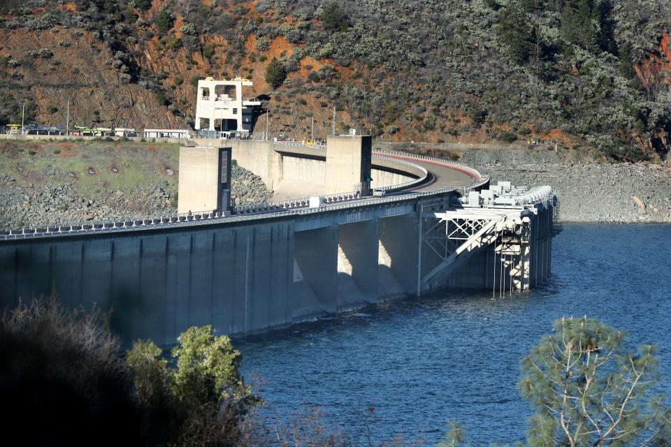 A view of Shasta Dam after recent rains on the morning of Monday, Jan. 15, 2024. Lake Shasta, California's largest reservoir, was about 6 feet higher on Sunday, Jan. 21, 2024, than it was when this picture was taken.